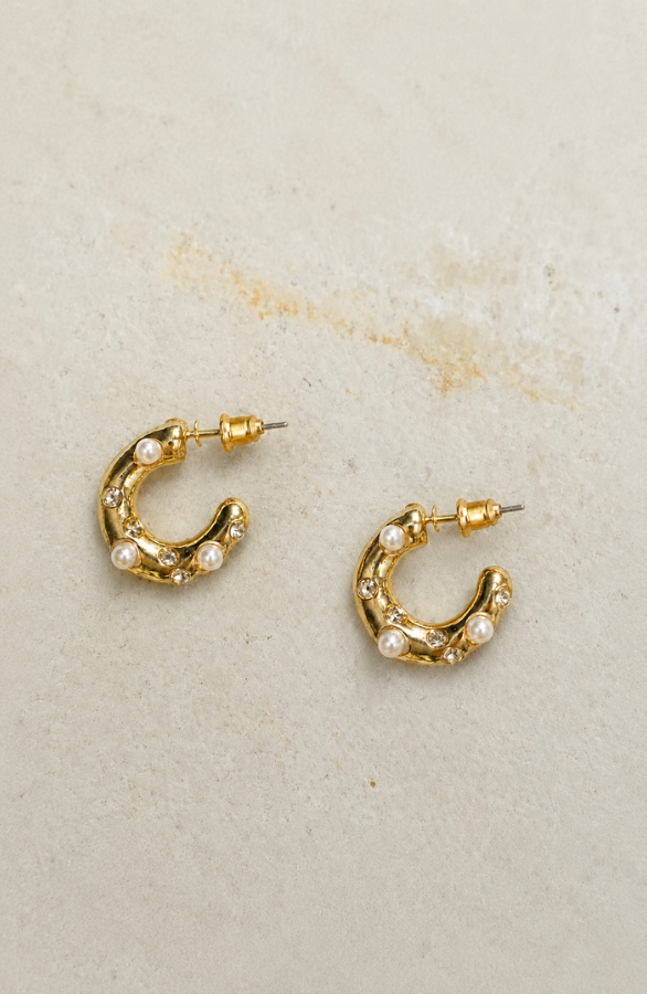 Gouden Ring Oorbellen Parels Met Strass