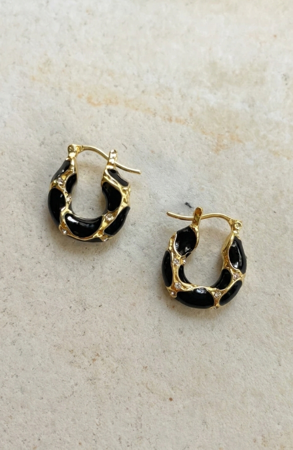 Vintage Oorbellen Gold Resin Met Strass Black