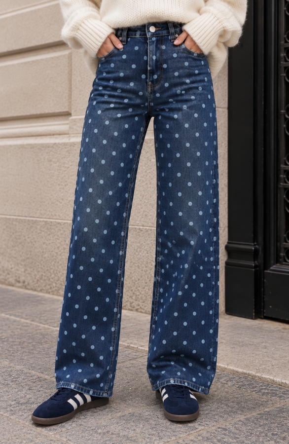 Polka Dot Wide Leg Jeans Dark Blue